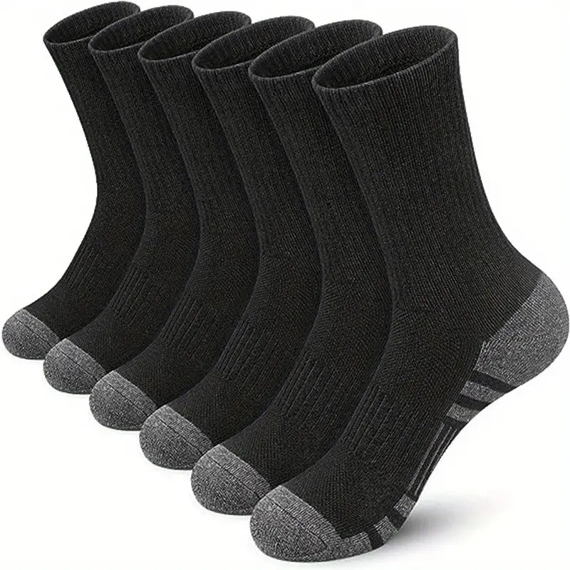 Mid-Crew Sports Socks for Men, Thin Breathable 6-Pair Pack in Black, Gray or Combination Colors with One-Size Label for Basketball, Running and Outdoor Wear