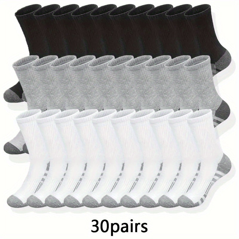 Knee-High Socks for Men, 30-Pair Black White and Gray Multipack with Listed Elastic Ribbed Cuffs, One-Size Athletic and Casual Style for Everyday Outfits