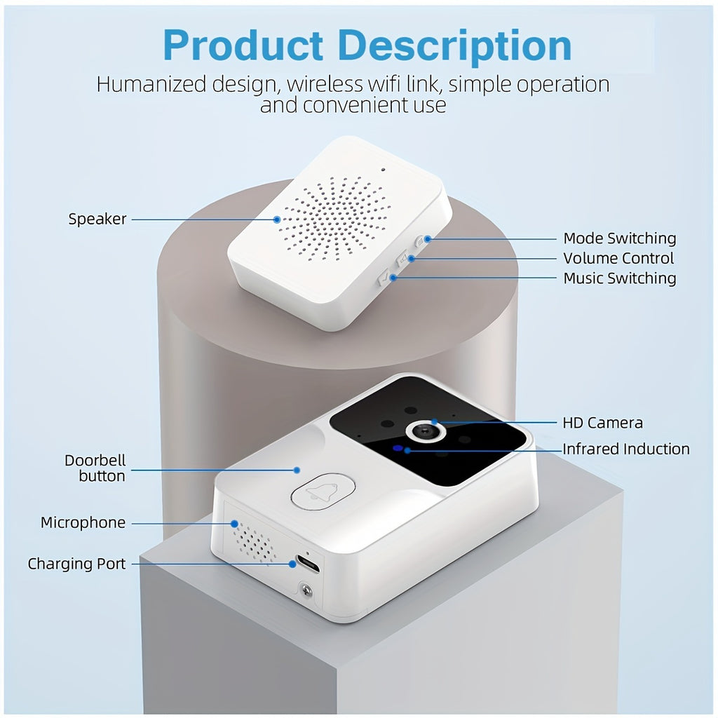 Tuya Smart WiFi Doorbell Camera, Rechargeable Wireless Video Doorbell with Night Vision, Voice Change, Two-Way Calls and Photo Recording for Home Entry