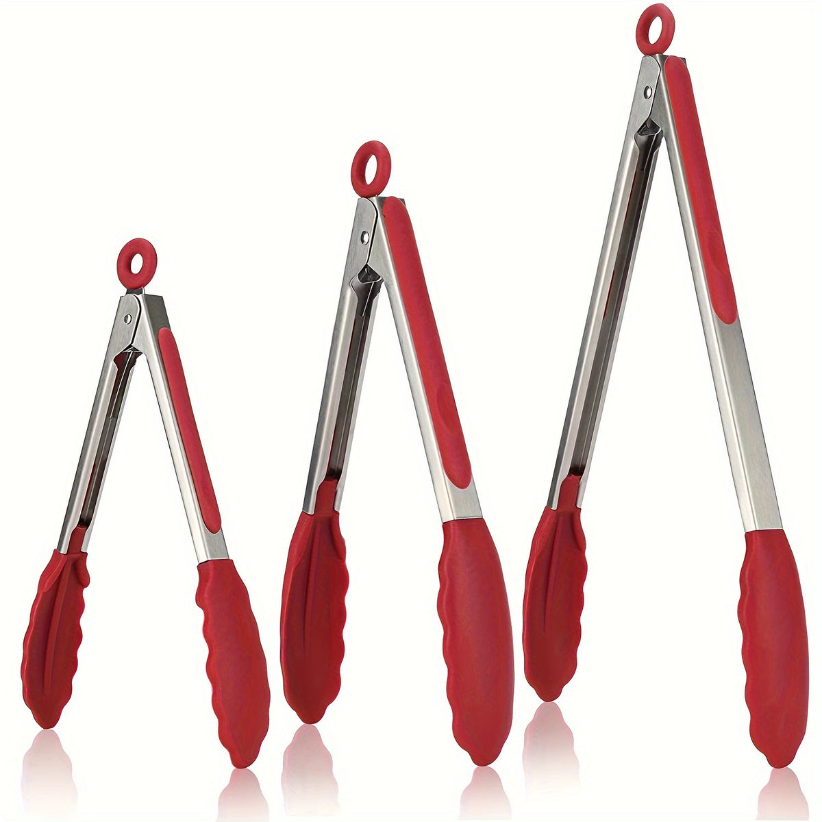 BBQ Tongs Set of 3 with Red Non-Slip Grips, 410 Stainless Steel Kitchen Food Tongs for Cooking, Grilling, Salad Serving and Everyday Meal Preparation