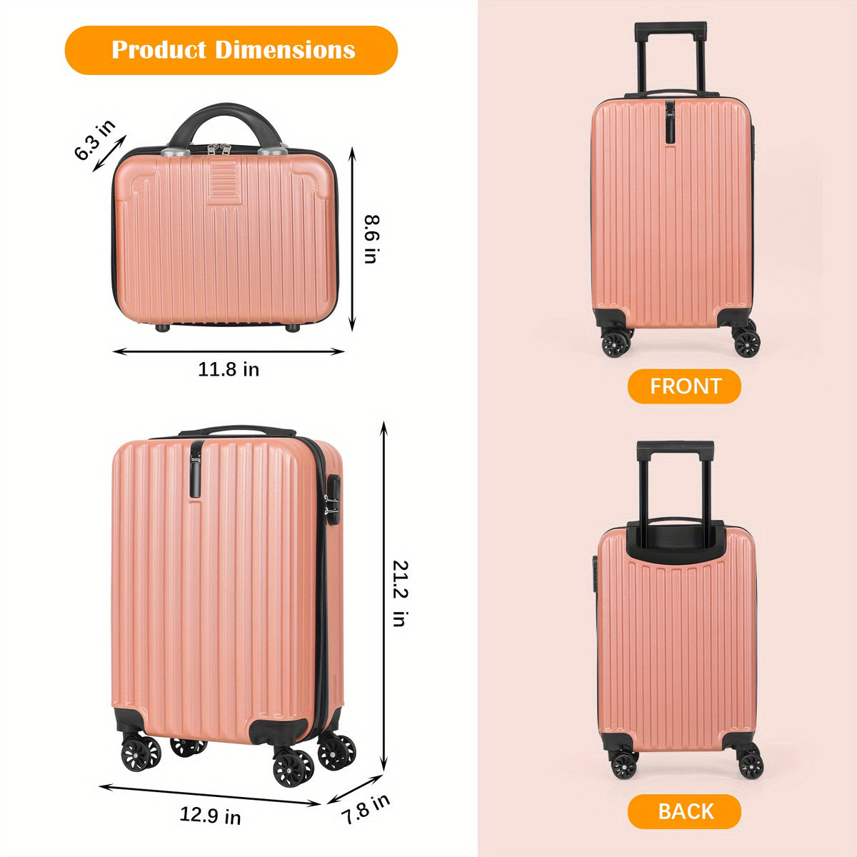 Hardside Carry-On Luggage Set with 20-Inch Spinner Suitcase and 14-Inch Cosmetic Case, ABS and PC Shells, Combination Lock and Four Travel Color Choices