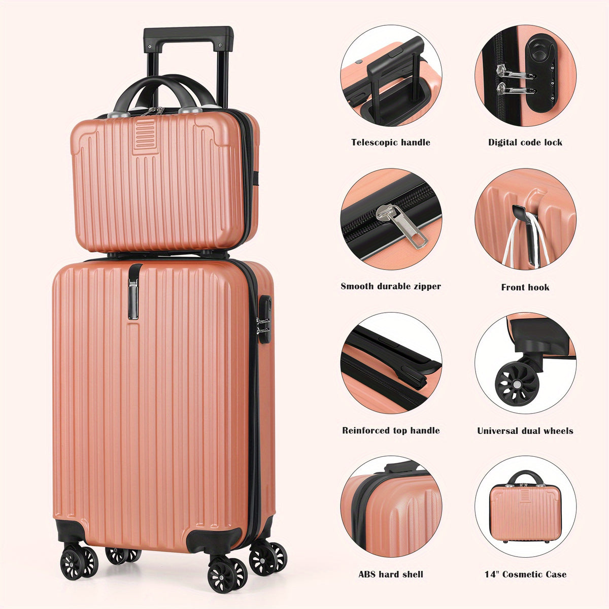 Hardside Carry-On Luggage Set with 20-Inch Spinner Suitcase and 14-Inch Cosmetic Case, ABS and PC Shells, Combination Lock and Four Travel Color Choices