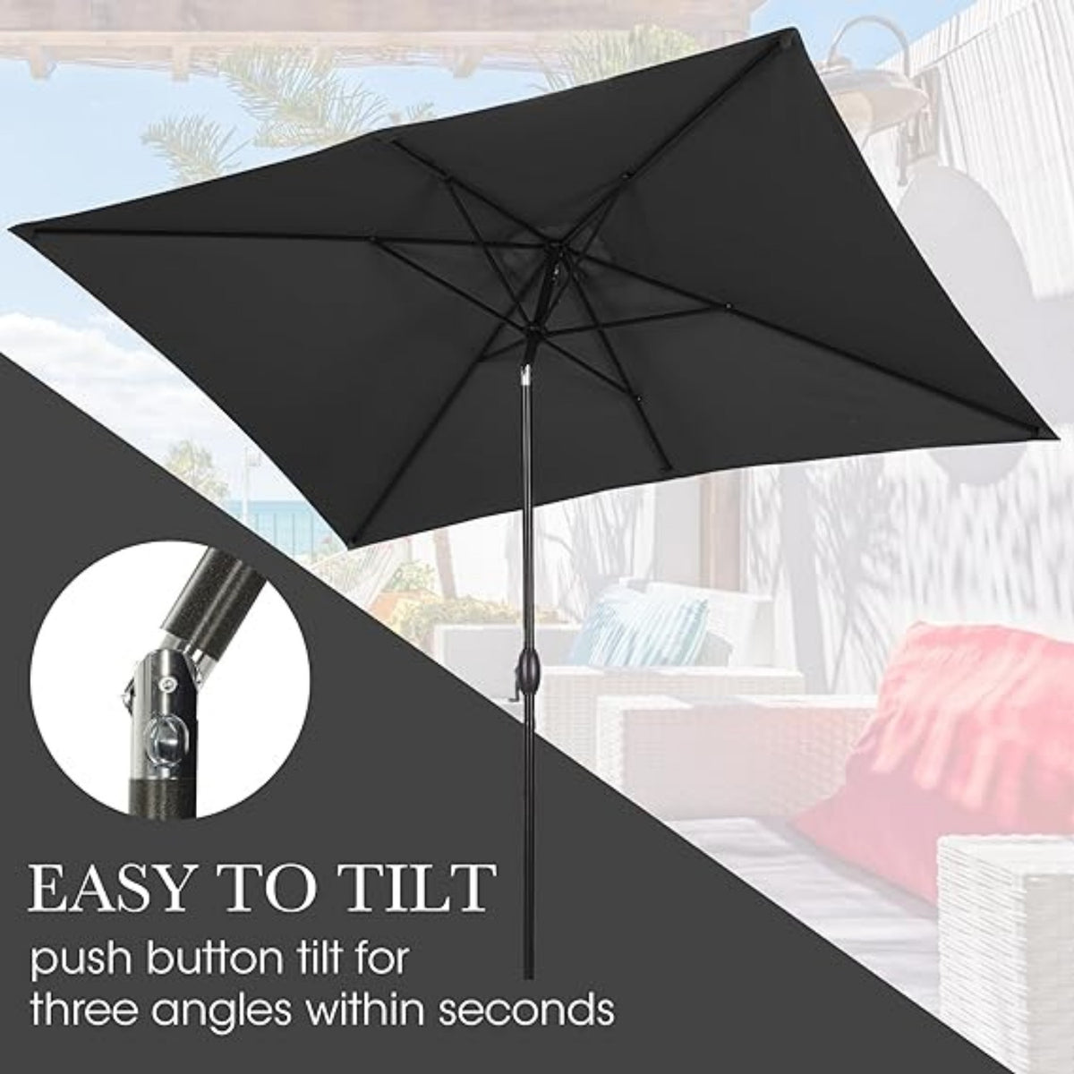 Rectangular Patio Umbrella with Listed 6.5 x 10 ft Polyester Canopy, Aluminum Pole, Crank and Six Steel Ribs in Blue, Black, Grey, Khaki or Red for Outdoor Tables