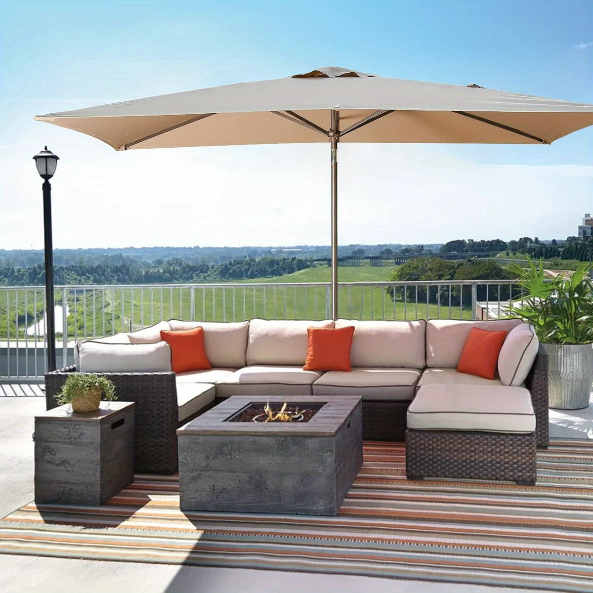 Rectangular Patio Umbrella with Listed 6.5 x 10 ft Polyester Canopy, Aluminum Pole, Crank and Six Steel Ribs in Blue, Black, Grey, Khaki or Red for Outdoor Tables