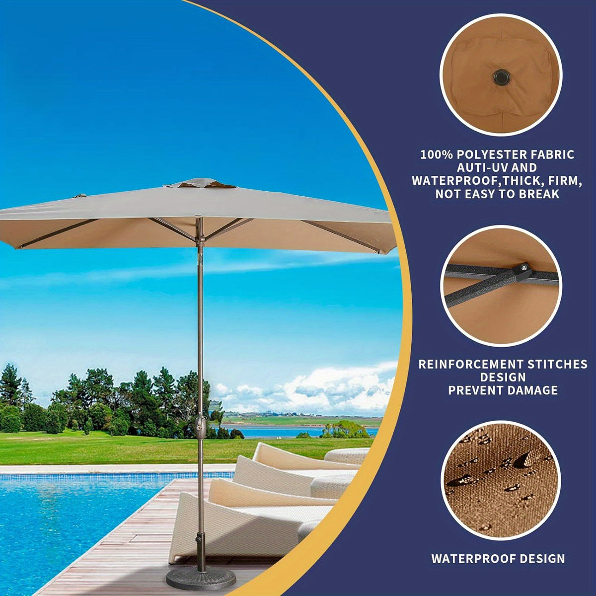 Rectangular Patio Umbrella with Listed 6.5 x 10 ft Polyester Canopy, Aluminum Pole, Crank and Six Steel Ribs in Blue, Black, Grey, Khaki or Red for Outdoor Tables