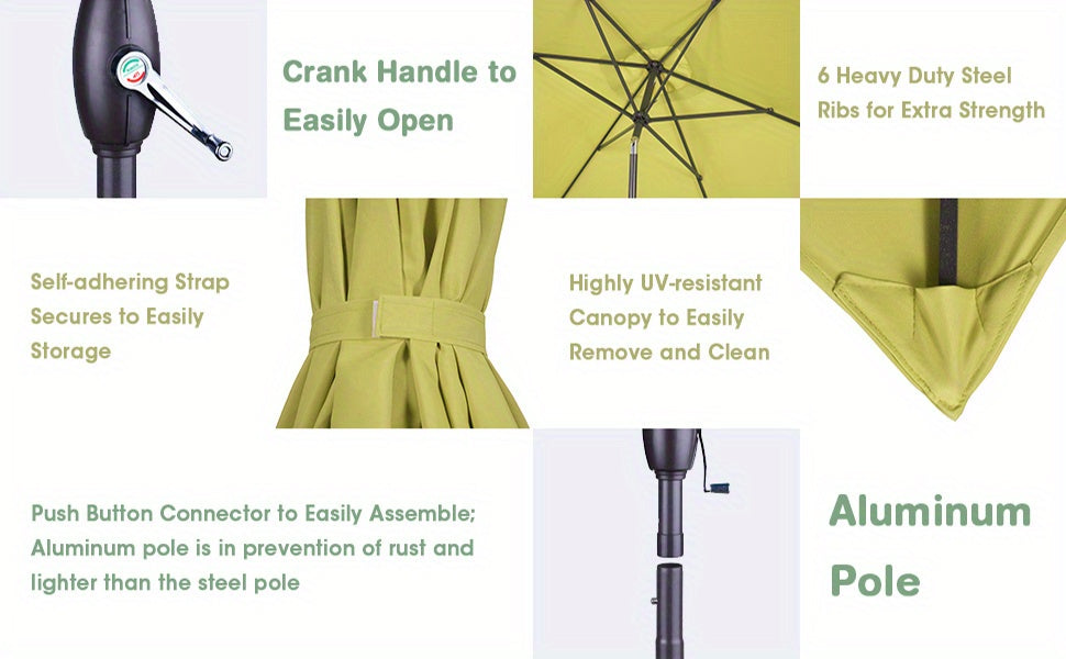 Rectangular Patio Umbrella with Listed 6.5 x 10 ft Polyester Canopy, Aluminum Pole, Crank and Six Steel Ribs in Blue, Black, Grey, Khaki or Red for Outdoor Tables