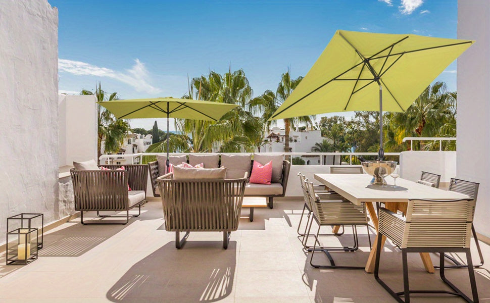 Rectangular Patio Umbrella with Listed 6.5 x 10 ft Polyester Canopy, Aluminum Pole, Crank and Six Steel Ribs in Blue, Black, Grey, Khaki or Red for Outdoor Tables