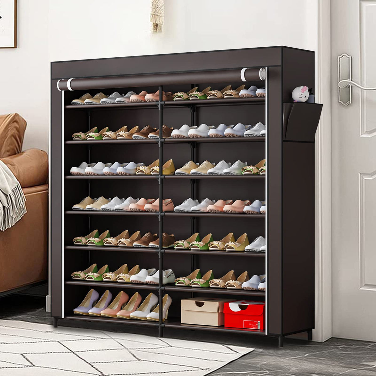 Covered 7-Tier Shoe Rack, Double-Row Non-Woven Shoe Storage Cabinet with Listed 42-Pair Capacity in Coffee or Black for Closet and Apartment Organization