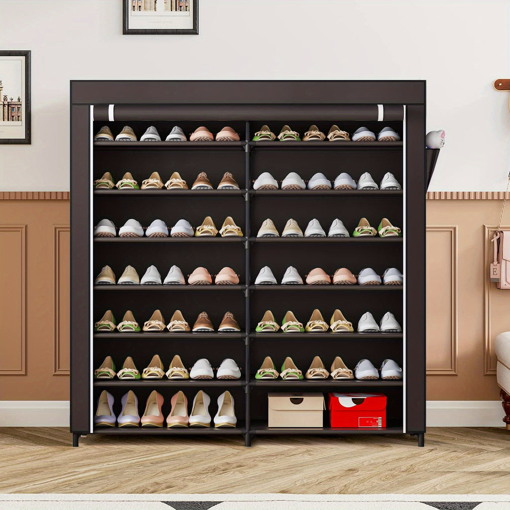 Covered 7-Tier Shoe Rack, Double-Row Non-Woven Shoe Storage Cabinet with Listed 42-Pair Capacity in Coffee or Black for Closet and Apartment Organization