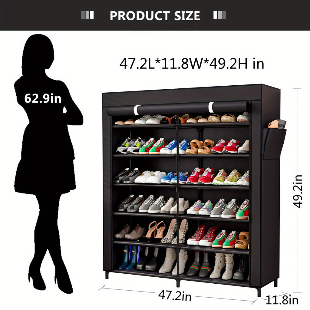 Covered 7-Tier Shoe Rack, Double-Row Non-Woven Shoe Storage Cabinet with Listed 42-Pair Capacity in Coffee or Black for Closet and Apartment Organization