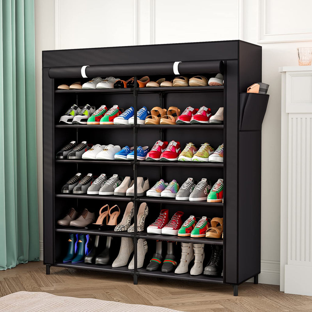 Covered 7-Tier Shoe Rack, Double-Row Non-Woven Shoe Storage Cabinet with Listed 42-Pair Capacity in Coffee or Black for Closet and Apartment Organization