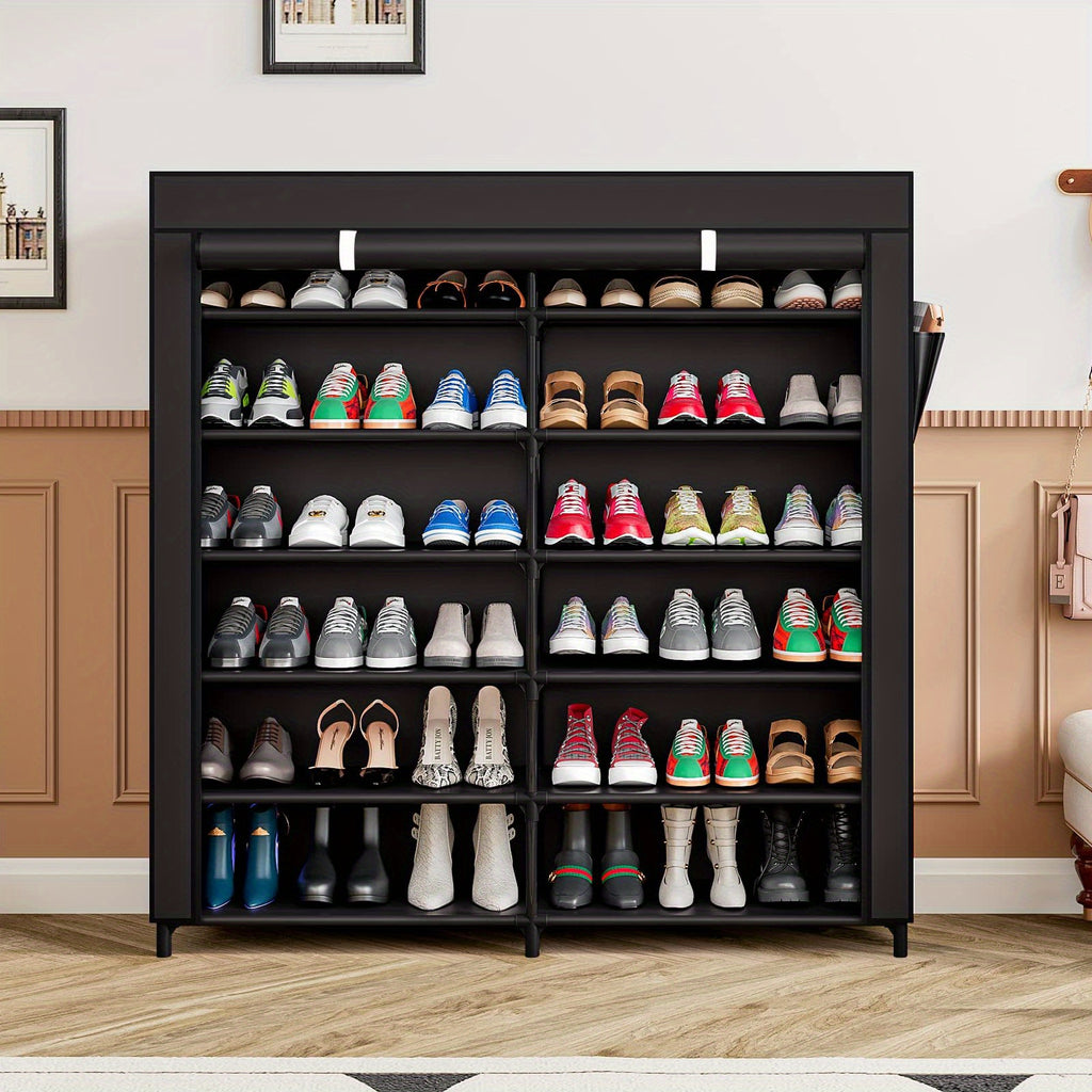 Covered 7-Tier Shoe Rack, Double-Row Non-Woven Shoe Storage Cabinet with Listed 42-Pair Capacity in Coffee or Black for Closet and Apartment Organization