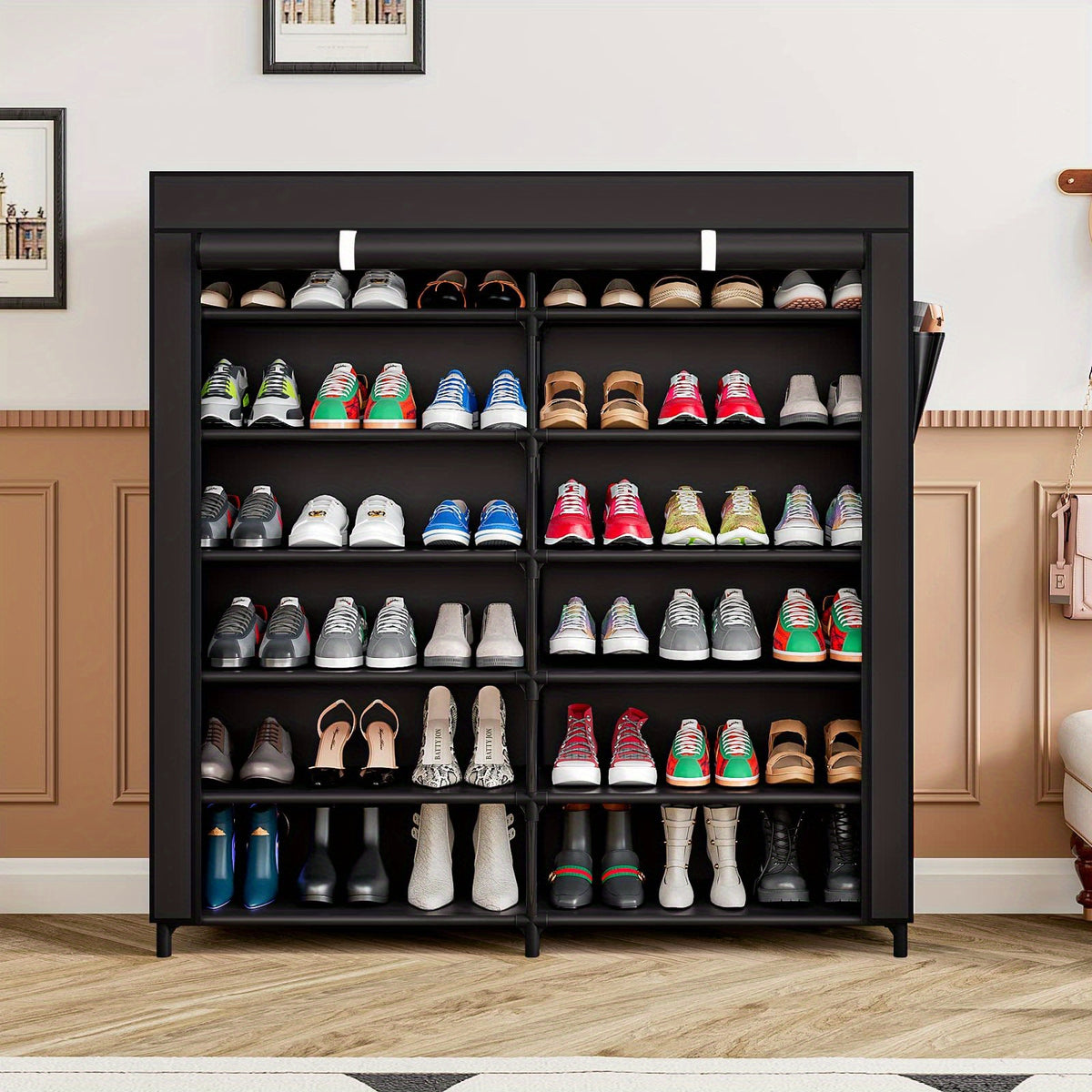 Covered 7-Tier Shoe Rack, Double-Row Non-Woven Shoe Storage Cabinet with Listed 42-Pair Capacity in Coffee or Black for Closet and Apartment Organization