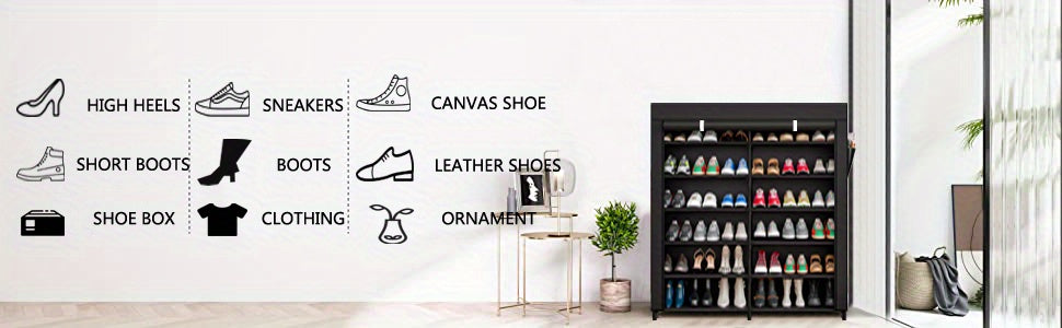 Covered 7-Tier Shoe Rack, Double-Row Non-Woven Shoe Storage Cabinet with Listed 42-Pair Capacity in Coffee or Black for Closet and Apartment Organization