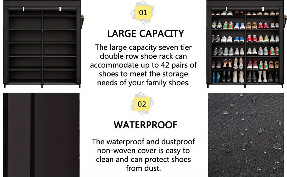 Covered 7-Tier Shoe Rack, Double-Row Non-Woven Shoe Storage Cabinet with Listed 42-Pair Capacity in Coffee or Black for Closet and Apartment Organization