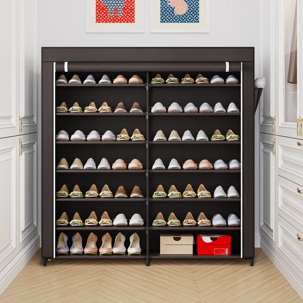 Covered 7-Tier Shoe Rack, Double-Row Non-Woven Shoe Storage Cabinet with Listed 42-Pair Capacity in Coffee or Black for Closet and Apartment Organization
