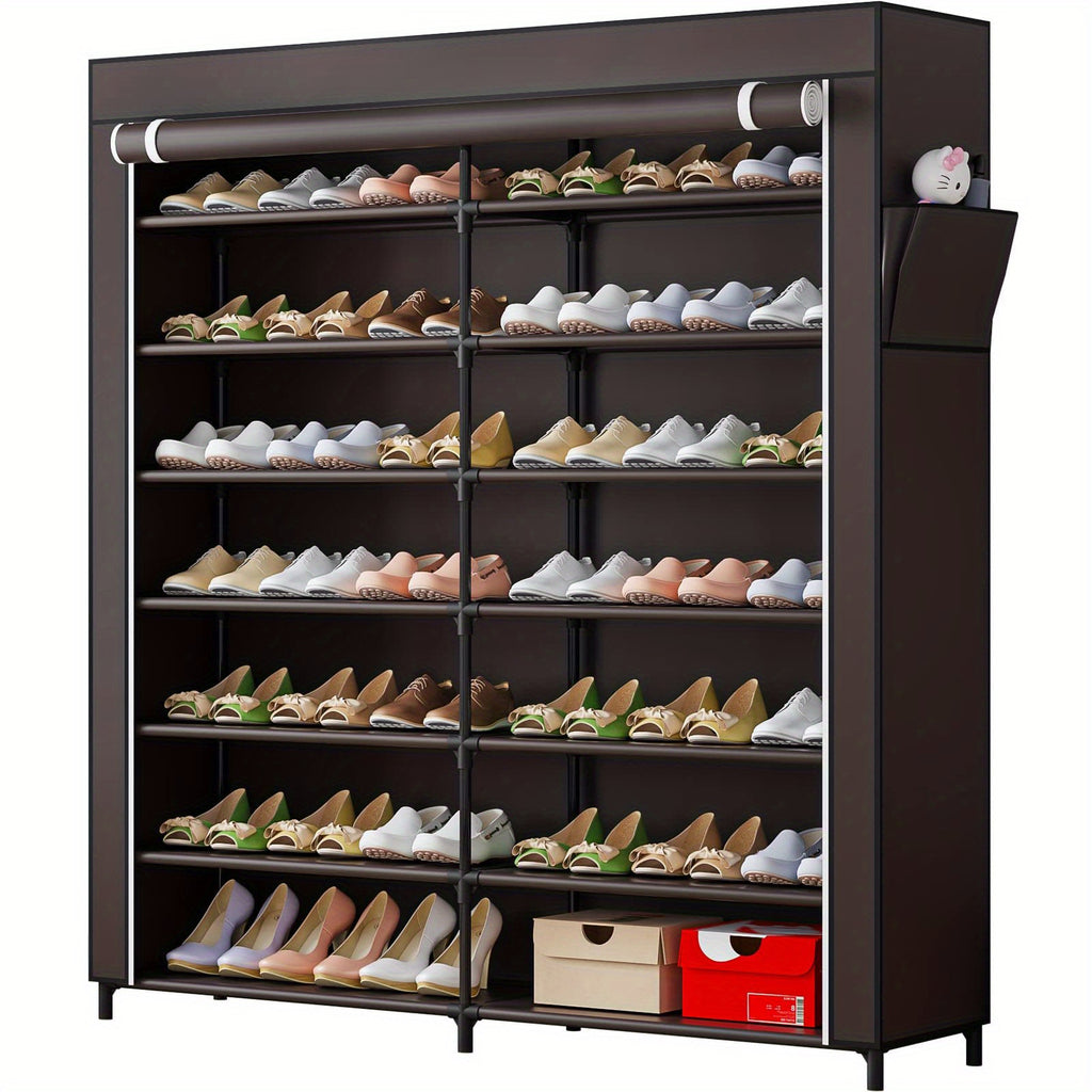 Covered 7-Tier Shoe Rack, Double-Row Non-Woven Shoe Storage Cabinet with Listed 42-Pair Capacity in Coffee or Black for Closet and Apartment Organization