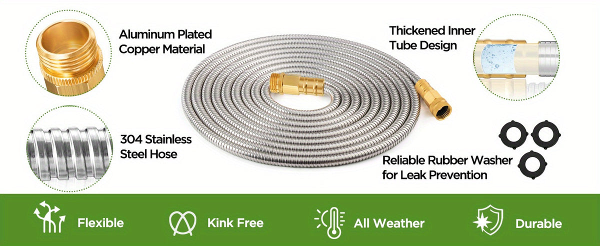 Flexible Metal Garden Hose with Spray Nozzle, Stainless Steel Watering Hose for Yard Care and Vehicle Rinsing, Standard and Upgraded Length Options