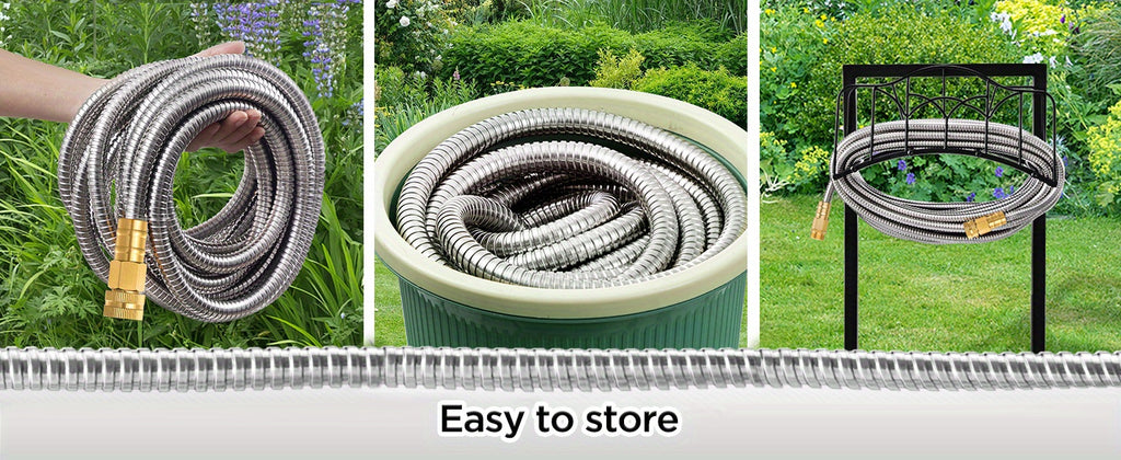 Flexible Metal Garden Hose with Spray Nozzle, Stainless Steel Watering Hose for Yard Care and Vehicle Rinsing, Standard and Upgraded Length Options