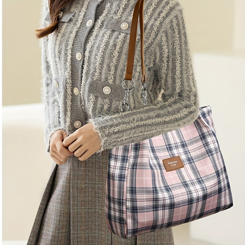 Oversized Plaid Tote Bag for Women, Spacious Shoulder Handbag for Work, School and Everyday Essentials with Classic Check Pattern Styling