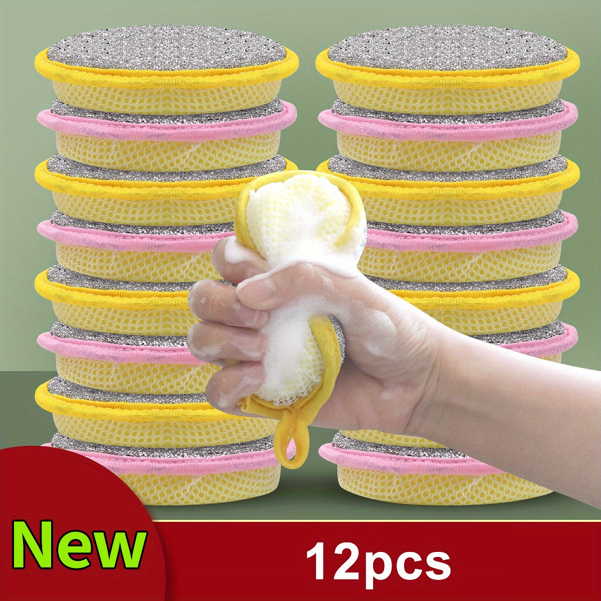 Round Double-Sided Dishwashing Sponges in 6 or 12-Piece Random Color Packs, Polyester Fiber Kitchen Cleaning Pads for Compatible Pots, Dishes and Everyday Washing