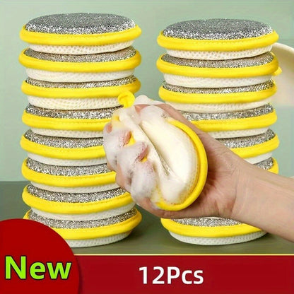 Round Double-Sided Dishwashing Sponges in 6 or 12-Piece Random Color Packs, Polyester Fiber Kitchen Cleaning Pads for Compatible Pots, Dishes and Everyday Washing