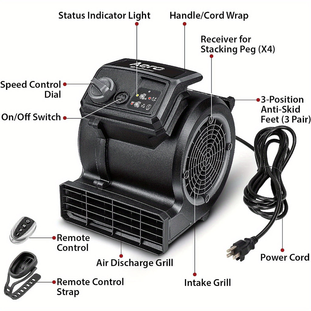 Portable Air Mover 490 CFM for Floor and Carpet Drying, Air Circulation and Cooling with Black Remote-Control or Red Manual-Control Model Options