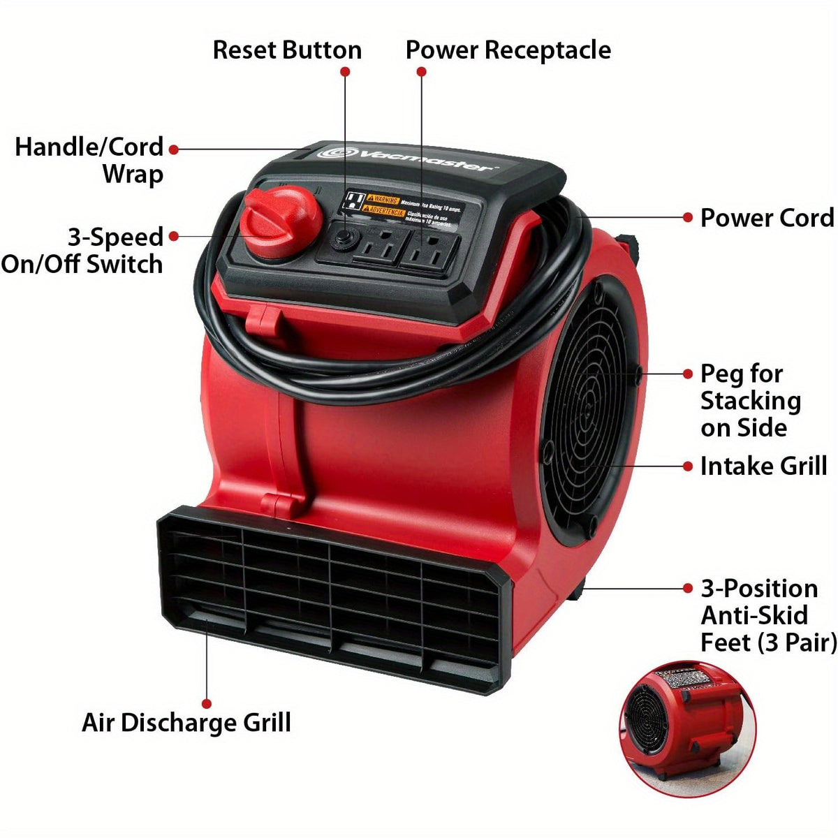 Portable Air Mover 490 CFM for Floor and Carpet Drying, Air Circulation and Cooling with Black Remote-Control or Red Manual-Control Model Options