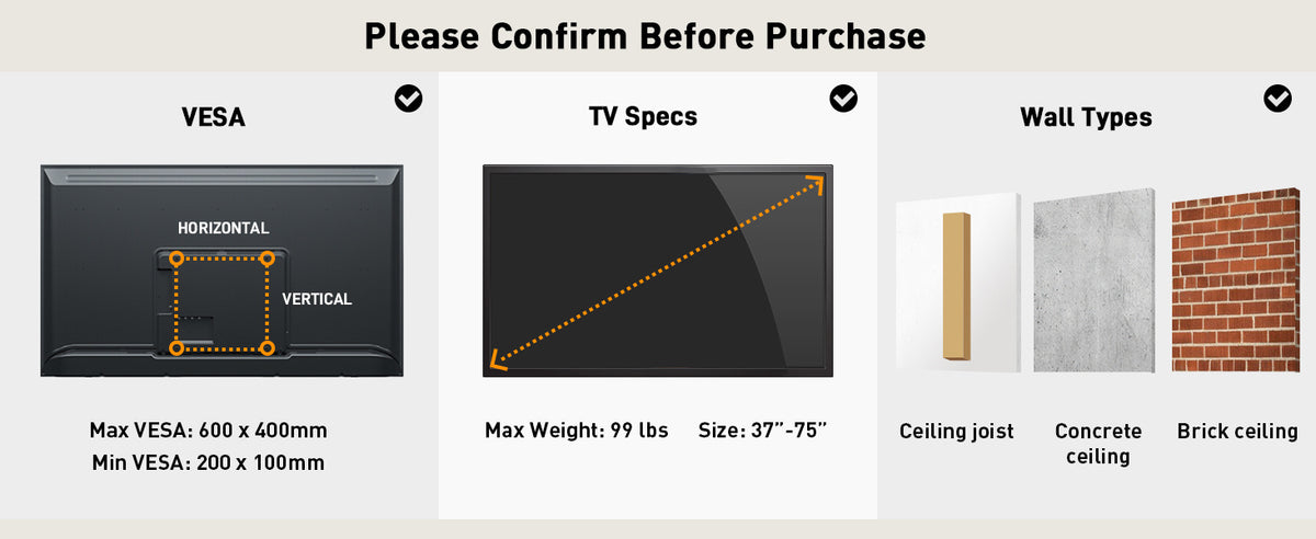 Ceiling TV Mount with 360-Degree Swivel, Adjustable Tilt and Hidden Cable Management, Black Overhead Bracket for Compatible Flat or Curved TVs