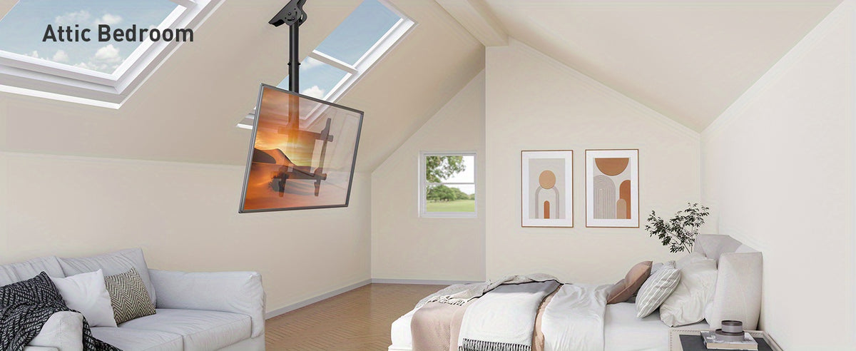 Ceiling TV Mount with 360-Degree Swivel, Adjustable Tilt and Hidden Cable Management, Black Overhead Bracket for Compatible Flat or Curved TVs