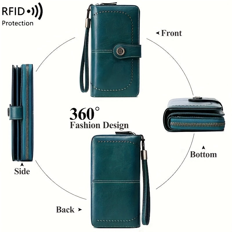 Women's RFID Blocking Wristlet Wallet, Large Capacity Long Zipper Purse with 12 or 23 Card Slot Options for Passport and Compatible Phone Storage