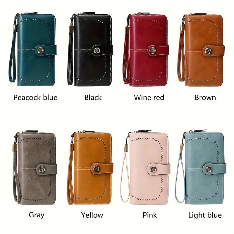 Women's RFID Blocking Wristlet Wallet, Large Capacity Long Zipper Purse with 12 or 23 Card Slot Options for Passport and Compatible Phone Storage