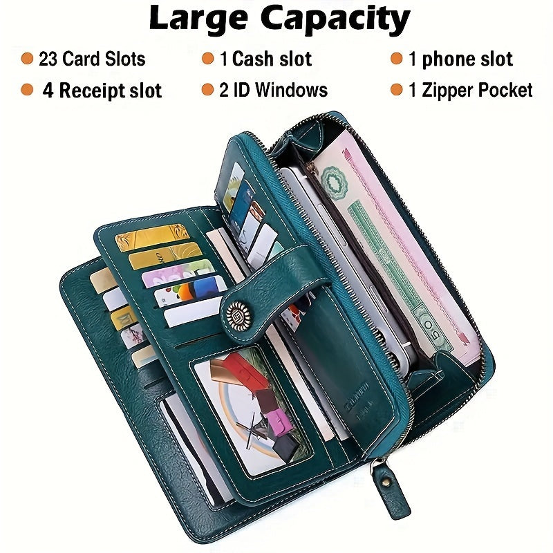 Women's RFID Blocking Wristlet Wallet, Large Capacity Long Zipper Purse with 12 or 23 Card Slot Options for Passport and Compatible Phone Storage
