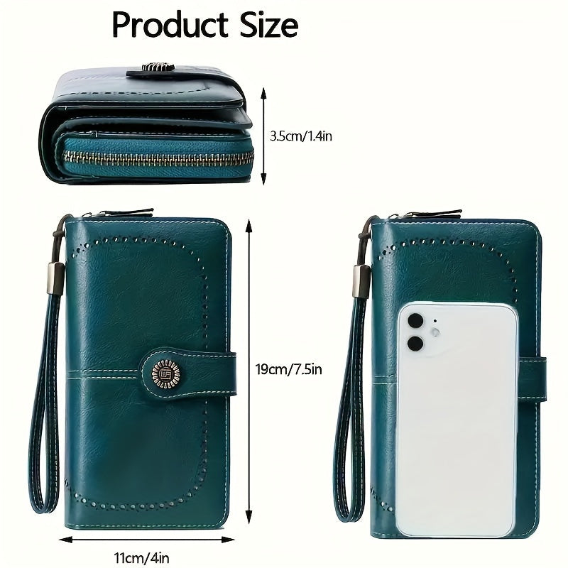 Women's RFID Blocking Wristlet Wallet, Large Capacity Long Zipper Purse with 12 or 23 Card Slot Options for Passport and Compatible Phone Storage