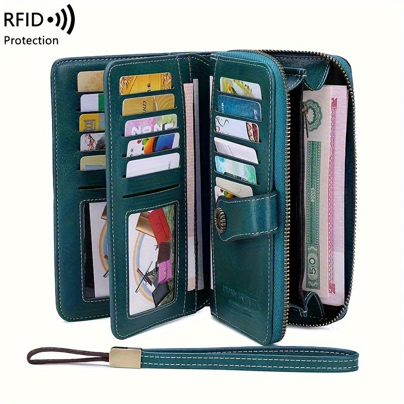 Women's RFID Blocking Wristlet Wallet, Large Capacity Long Zipper Purse with 12 or 23 Card Slot Options for Passport and Compatible Phone Storage