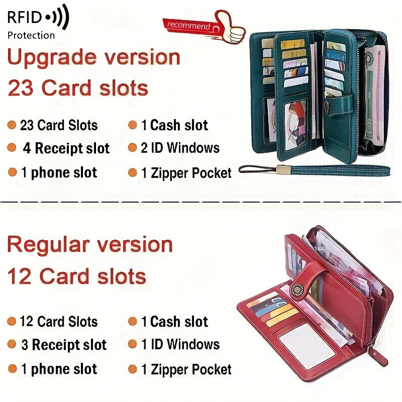 Women's RFID Blocking Wristlet Wallet, Large Capacity Long Zipper Purse with 12 or 23 Card Slot Options for Passport and Compatible Phone Storage