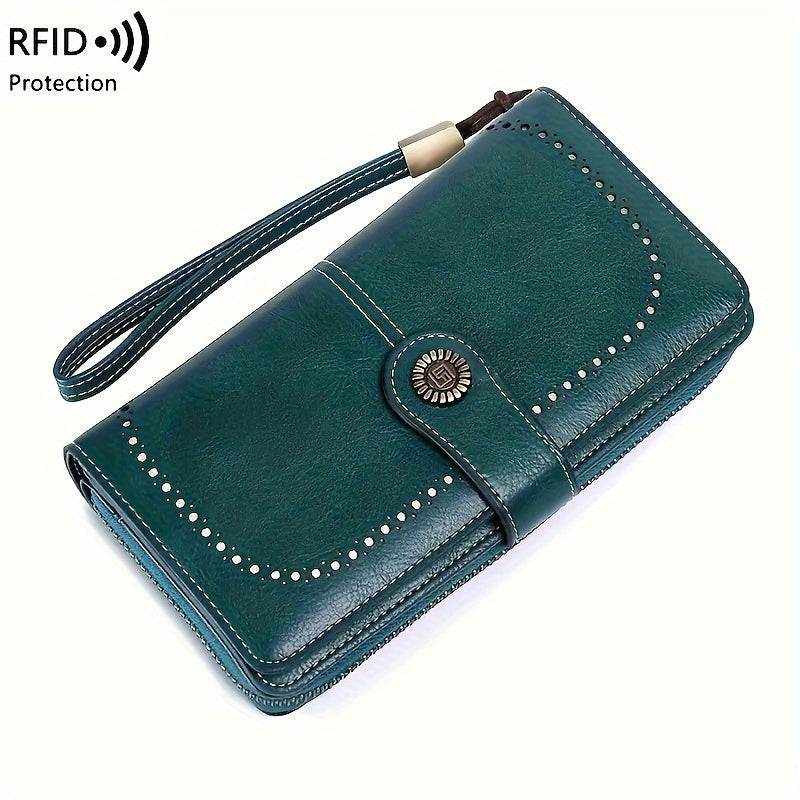 Women's RFID Blocking Wristlet Wallet, Large Capacity Long Zipper Purse with 12 or 23 Card Slot Options for Passport and Compatible Phone Storage