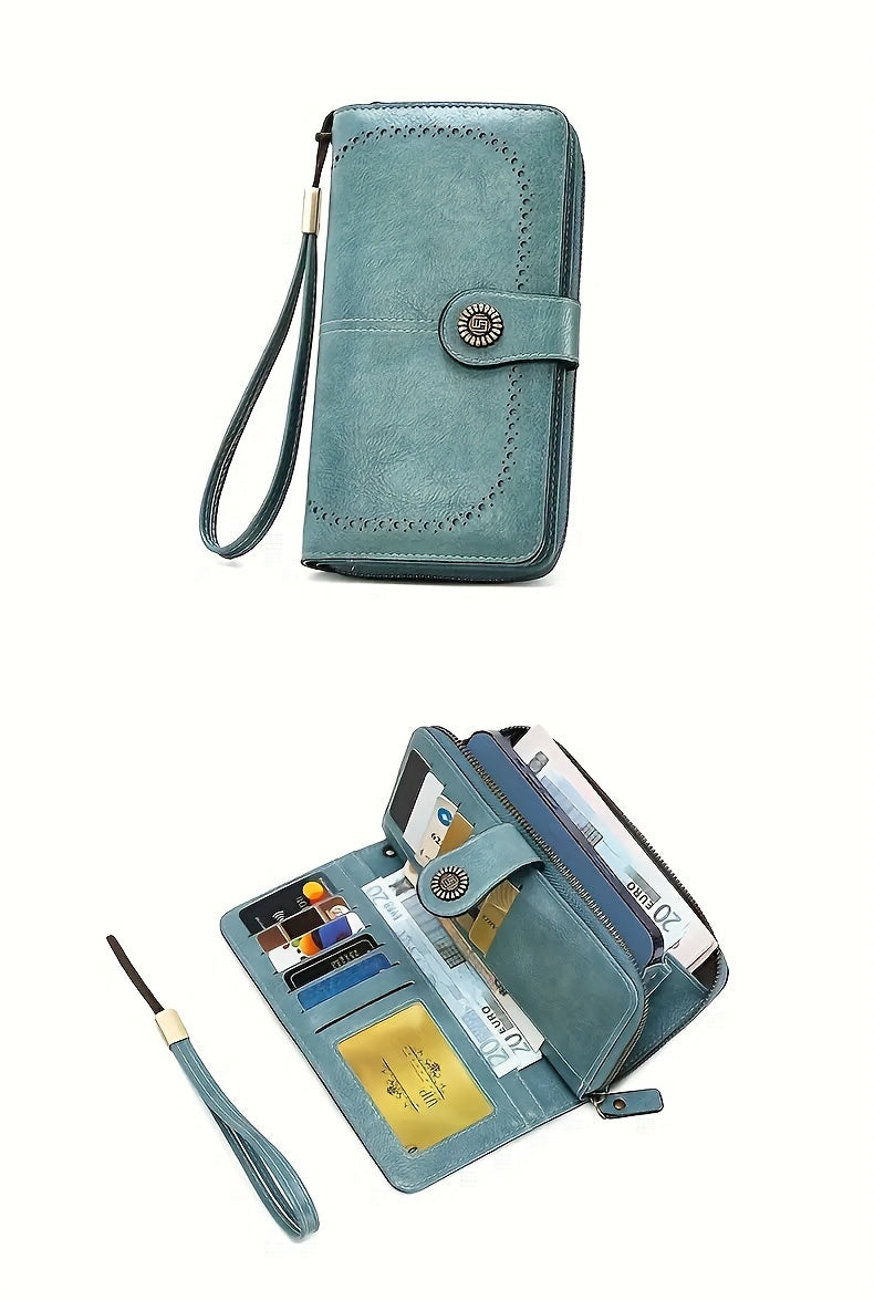 Women's RFID Blocking Wristlet Wallet, Large Capacity Long Zipper Purse with 12 or 23 Card Slot Options for Passport and Compatible Phone Storage