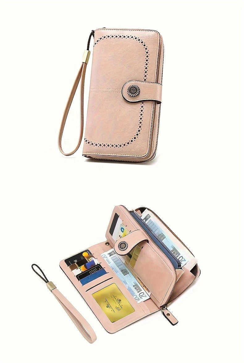 Women's RFID Blocking Wristlet Wallet, Large Capacity Long Zipper Purse with 12 or 23 Card Slot Options for Passport and Compatible Phone Storage