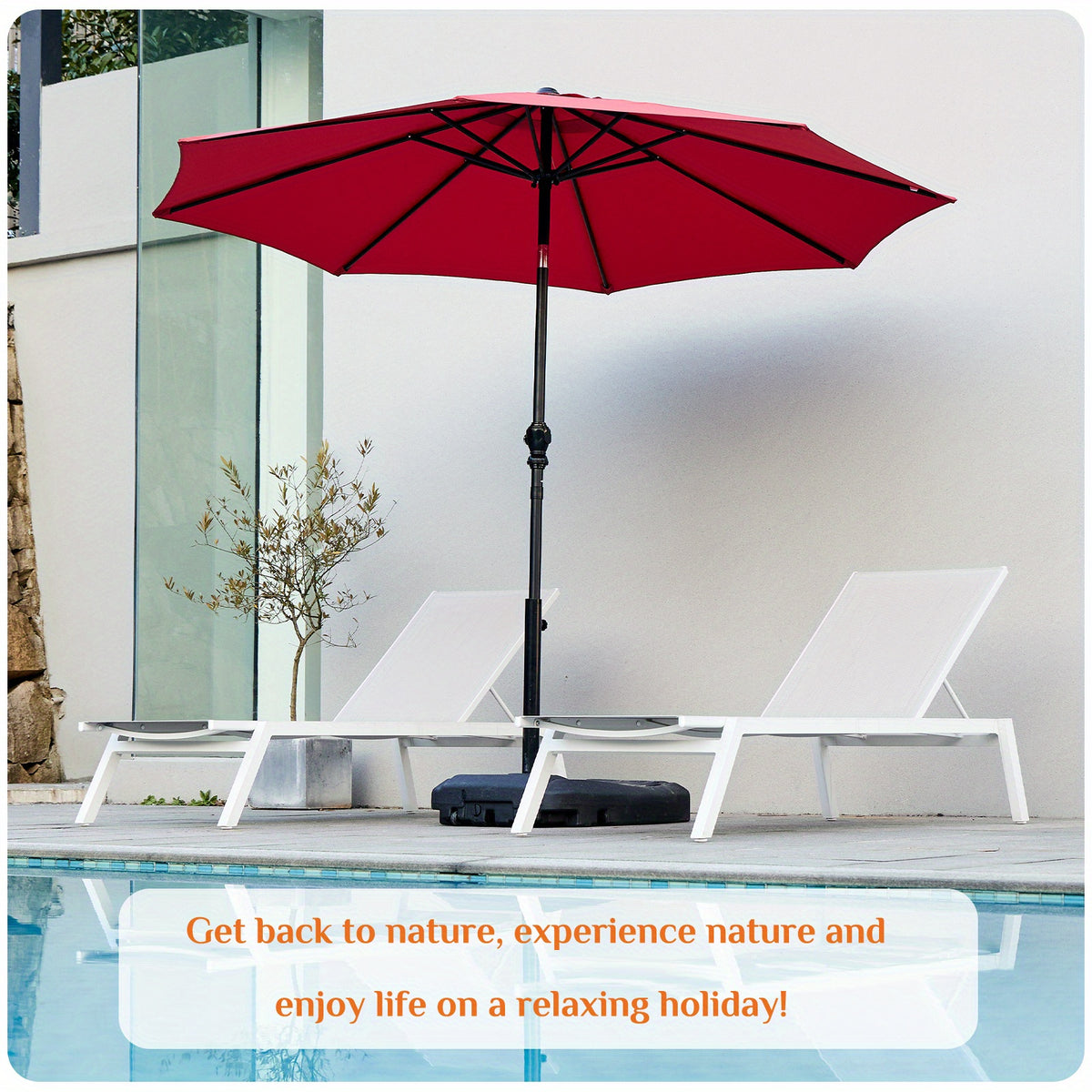 Crank Lift Patio Umbrella, 10ft Market Shade with Push Button Tilt and Eight Ribs in Red or Blue for Garden Seating, Backyard Tables, Decks and Poolside Lounging
