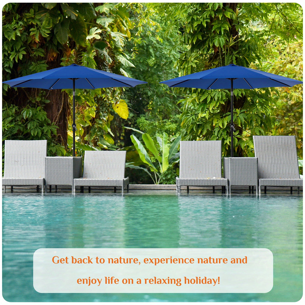 Crank Lift Patio Umbrella, 10ft Market Shade with Push Button Tilt and Eight Ribs in Red or Blue for Garden Seating, Backyard Tables, Decks and Poolside Lounging