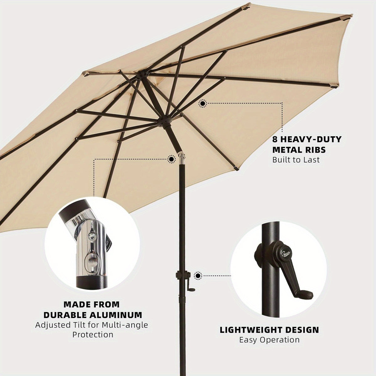 Crank Lift Patio Umbrella, 10ft Market Shade with Push Button Tilt and Eight Ribs in Red or Blue for Garden Seating, Backyard Tables, Decks and Poolside Lounging