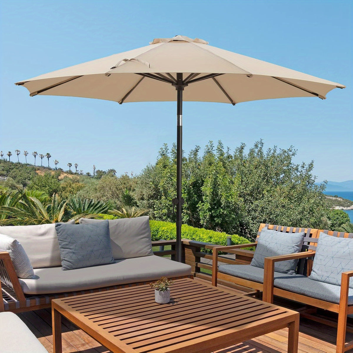 Crank Lift Patio Umbrella, 10ft Market Shade with Push Button Tilt and Eight Ribs in Red or Blue for Garden Seating, Backyard Tables, Decks and Poolside Lounging
