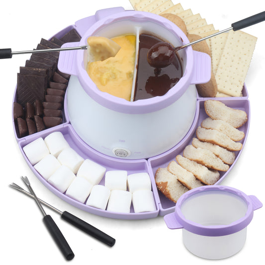 Electric Chocolate Fondue Pot Set with 2 Pots and Fondue Forks, Listed 2.5-Cup Capacity for Candy Melting and Dessert Dipping in Purple or Brown