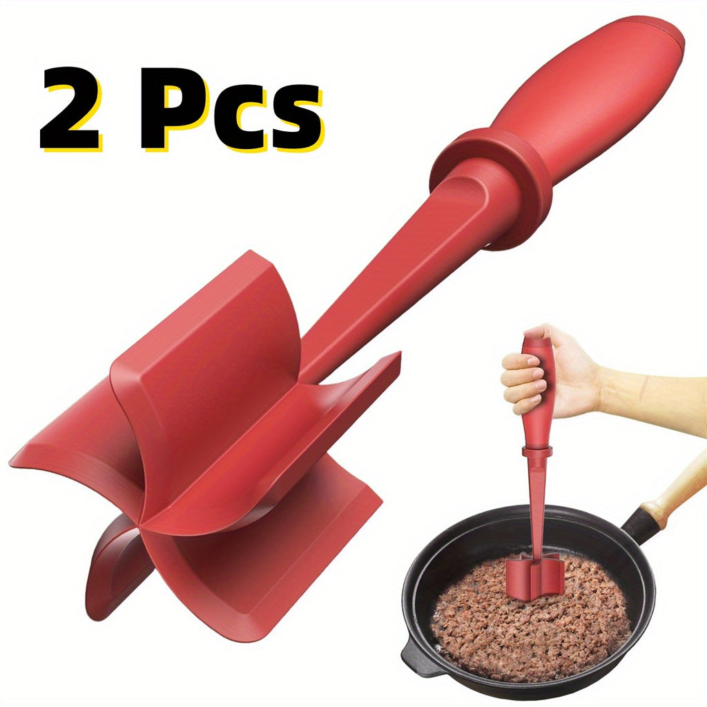 Nylon Ground Meat Chopper Set of 2 with Five Beveled Pinwheel Blades and Non-Slip Handle, Manual Hamburger Masher and Mixing Tool in Black, Green or Red