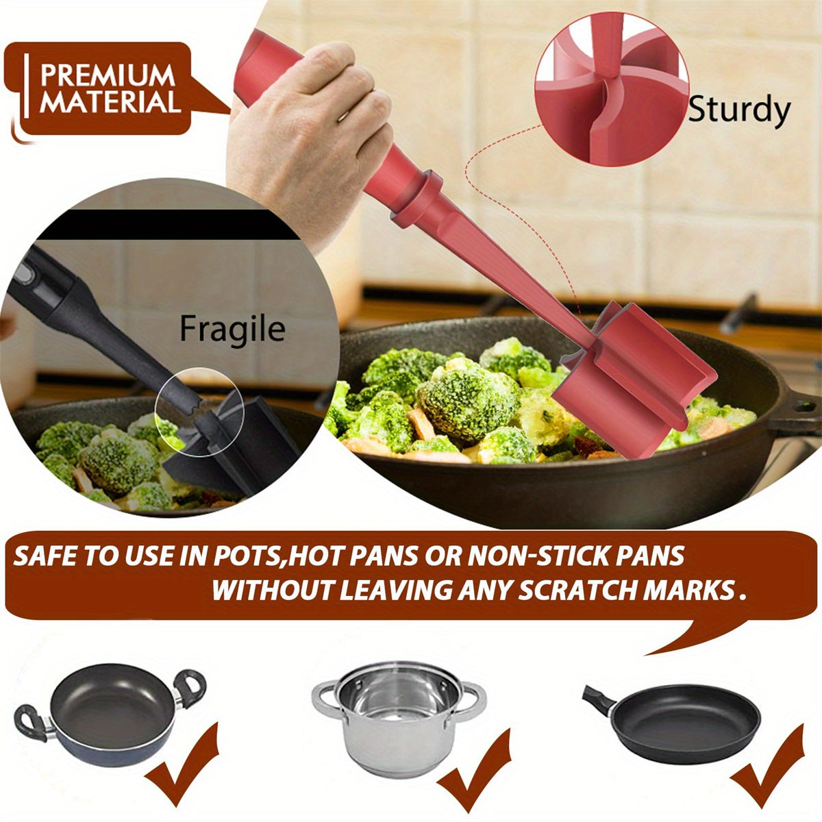 Nylon Ground Meat Chopper Set of 2 with Five Beveled Pinwheel Blades and Non-Slip Handle, Manual Hamburger Masher and Mixing Tool in Black, Green or Red