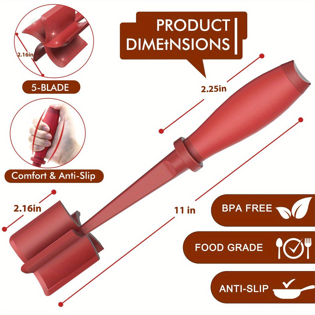 Nylon Ground Meat Chopper Set of 2 with Five Beveled Pinwheel Blades and Non-Slip Handle, Manual Hamburger Masher and Mixing Tool in Black, Green or Red