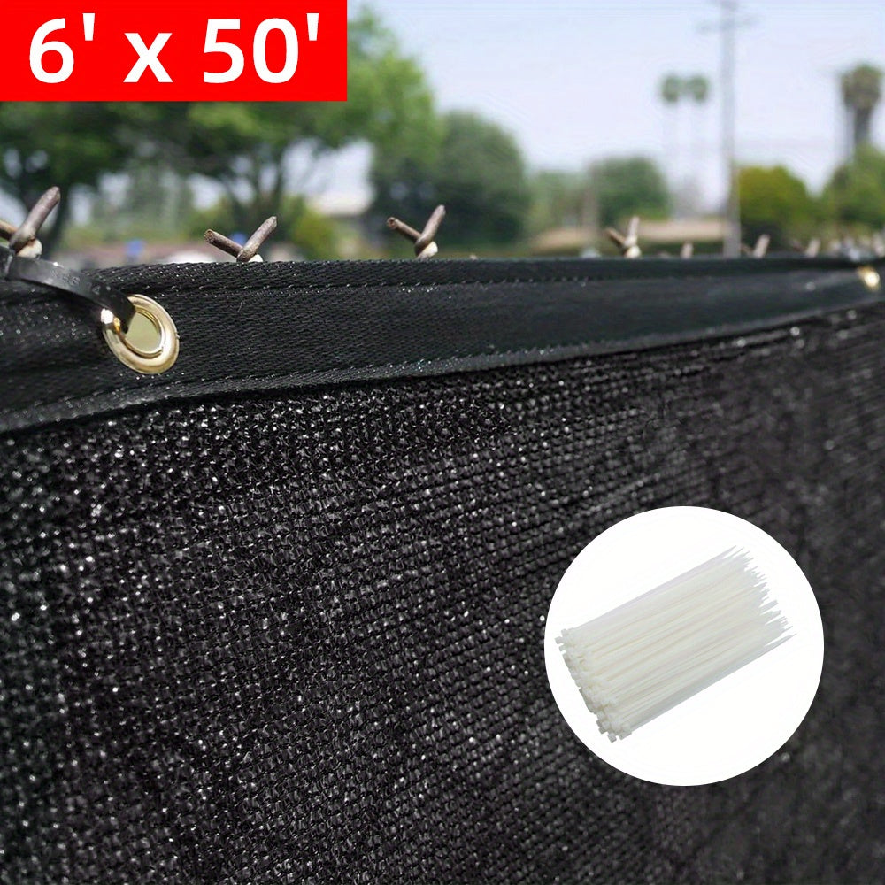 Fence Privacy Screen in Black HDPE Mesh with Listed 6 x 50 Foot Size, Reinforced Edges, Grommets and 50 Cable Ties for Garden and Backyard Screening