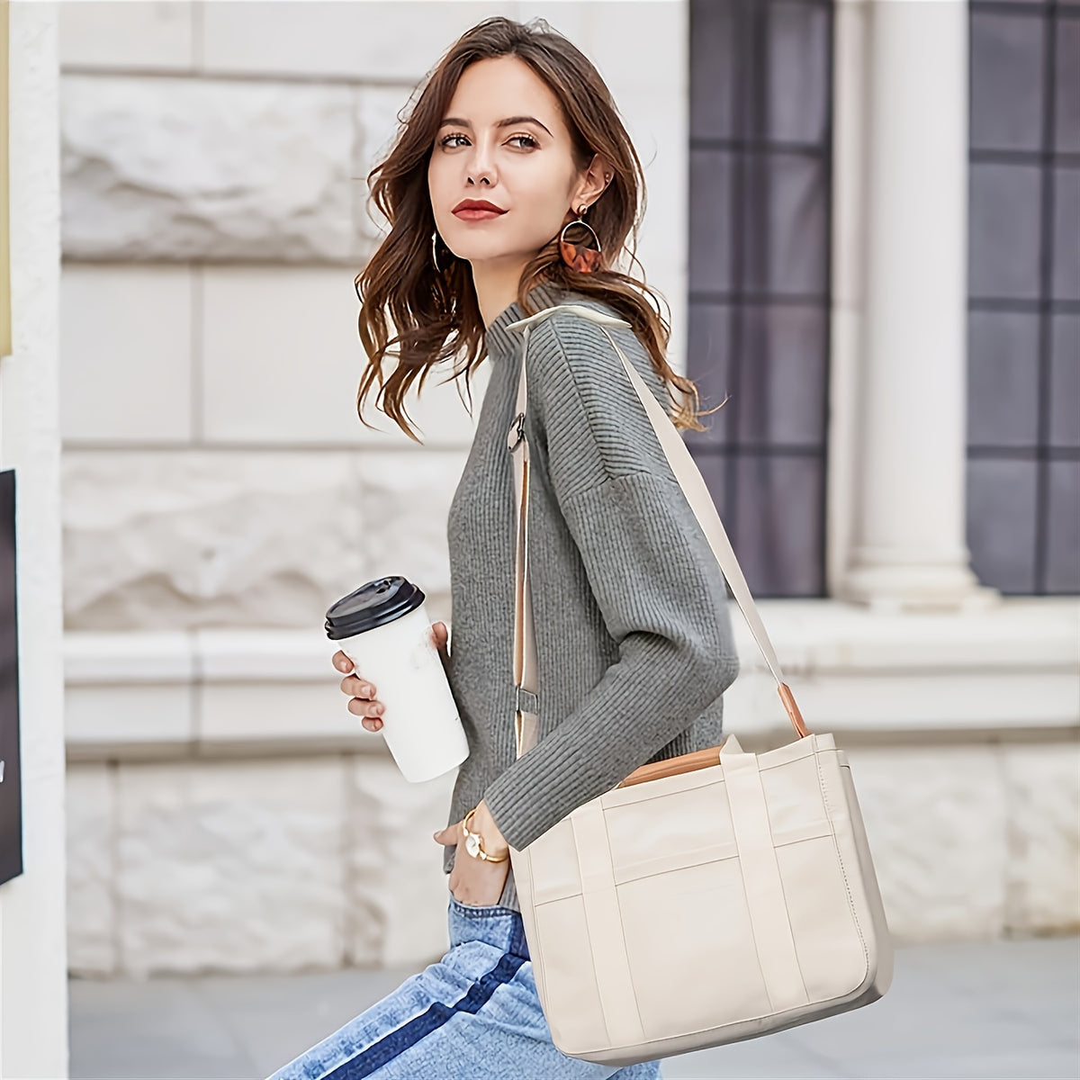 Compartment Shoulder Tote Bag with Listed Multi-Pocket Design and Carry Handles, Blue, White, Black and Pink Style Options for Everyday Errands and Casual Outings