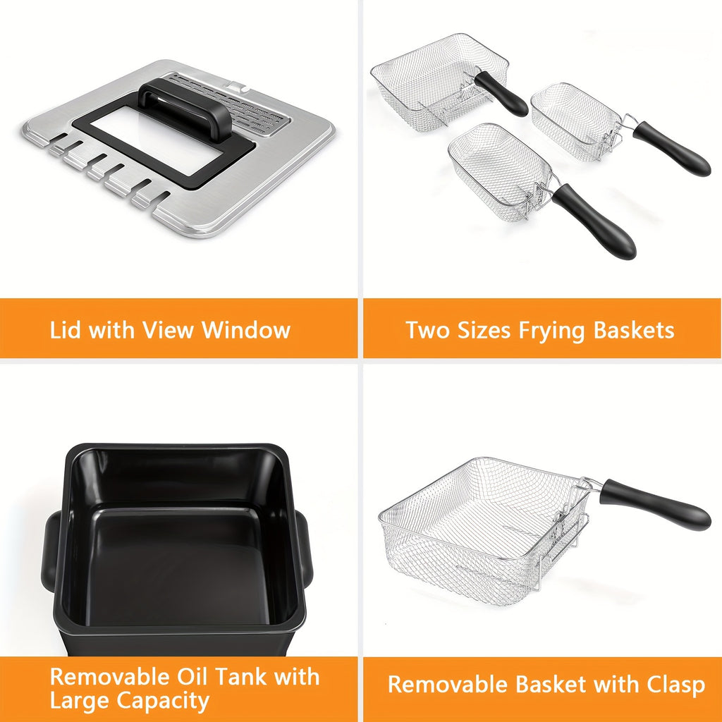 Viewing Window Electric Deep Fryer with Three Baskets, Listed 5.3QT Oil Capacity and 1700W Heating, Adjustable Temperature and Timer for Home Fried Food Preparation